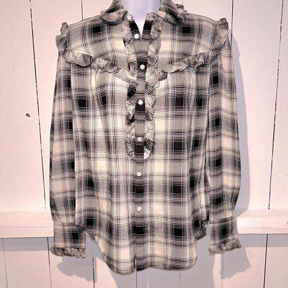 NEW Polo Ralph Lauren Western Black White Plaid Ruffled Button Down XS TP - Picture 3 of 17